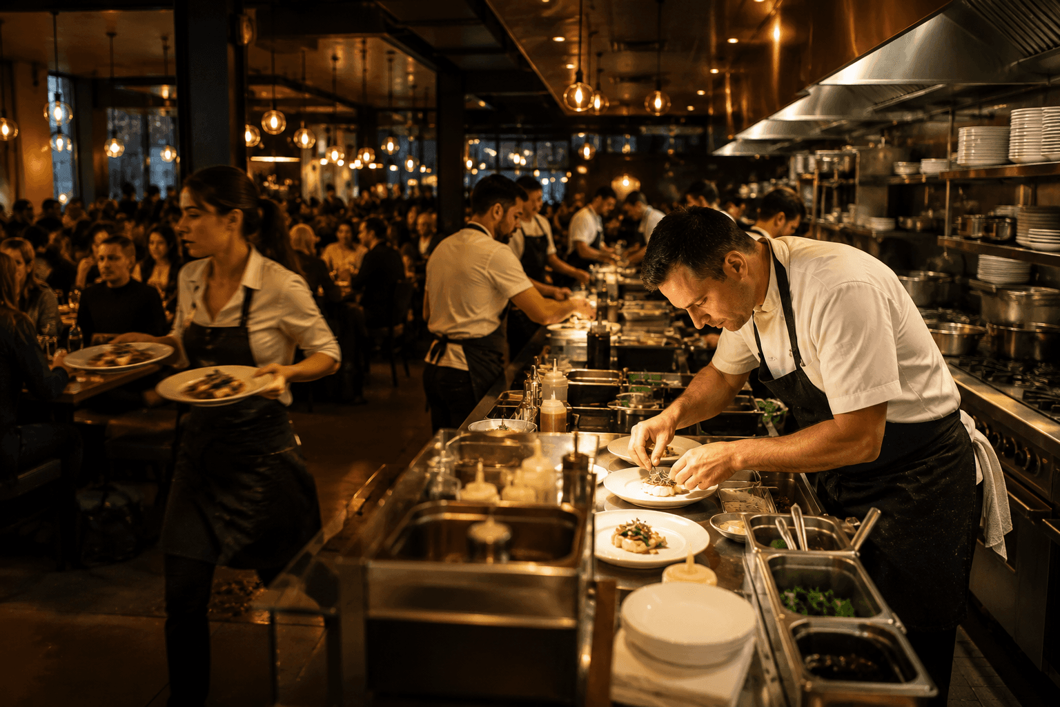 Restaurant team during busy service