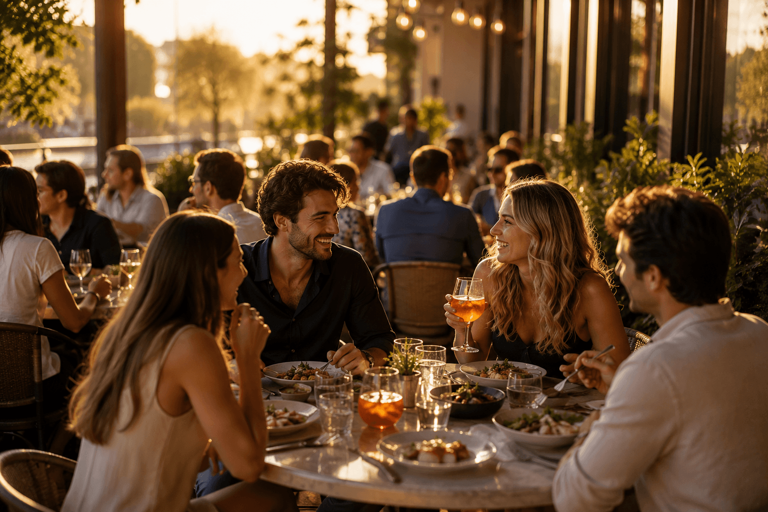 Customers enjoying food and drinks